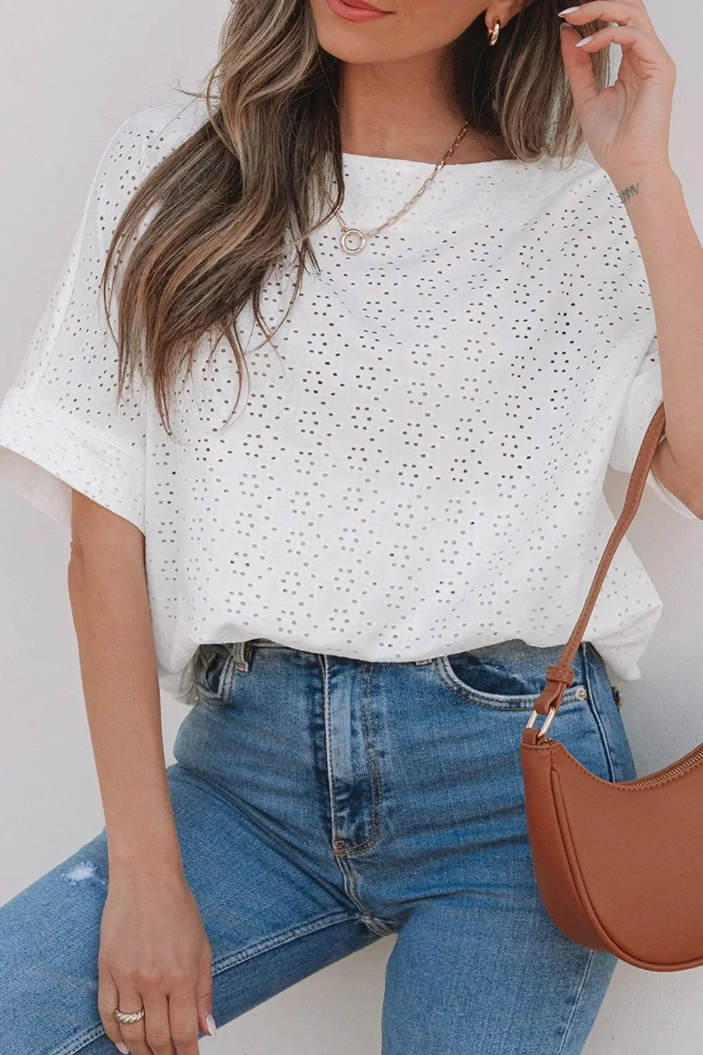 Eyelet Pattern Boat Neck Casual Tee OutfitFlow