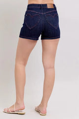 Judy Blue Full Size High Waist Heart Shaped Pkts & Red Contrast Thread Denim Shorts Plus Size OutfitFlow
