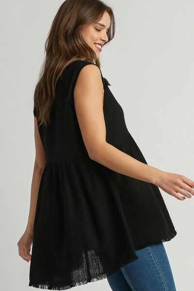 Umgee Full Size Raw Hem Linen Round Neck Sleeveless Top Plus Size OutfitFlow