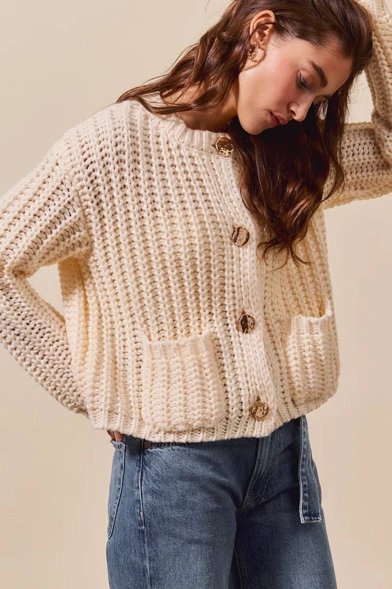 SO ME Metal Button Long Sleeve Chunky Sweater Cardigan OutfitFlow