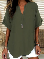Casual Notched Short Sleeve Blouse Olive Green OutfitFlow