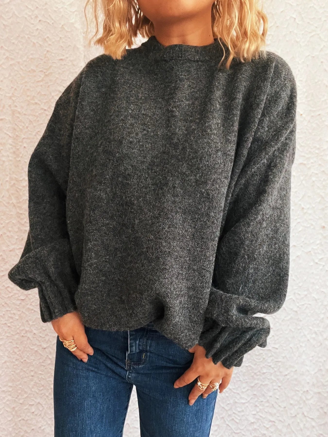 Round Neck Dropped Shoulder Sweater OutfitFlow