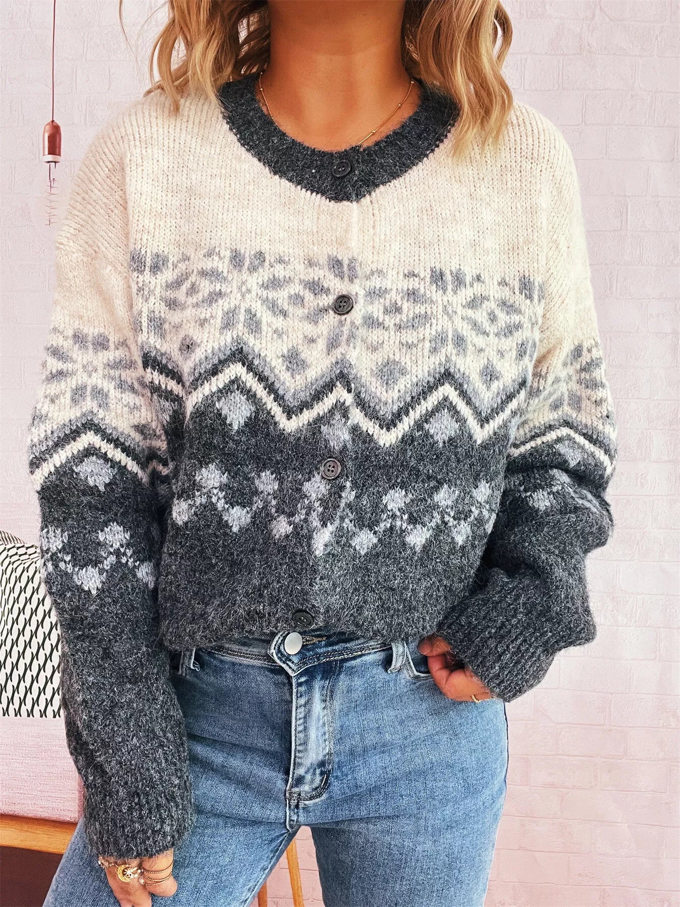 Christmas Button Up Drop Shoulder Cardigan Dark Gray One Size OutfitFlow