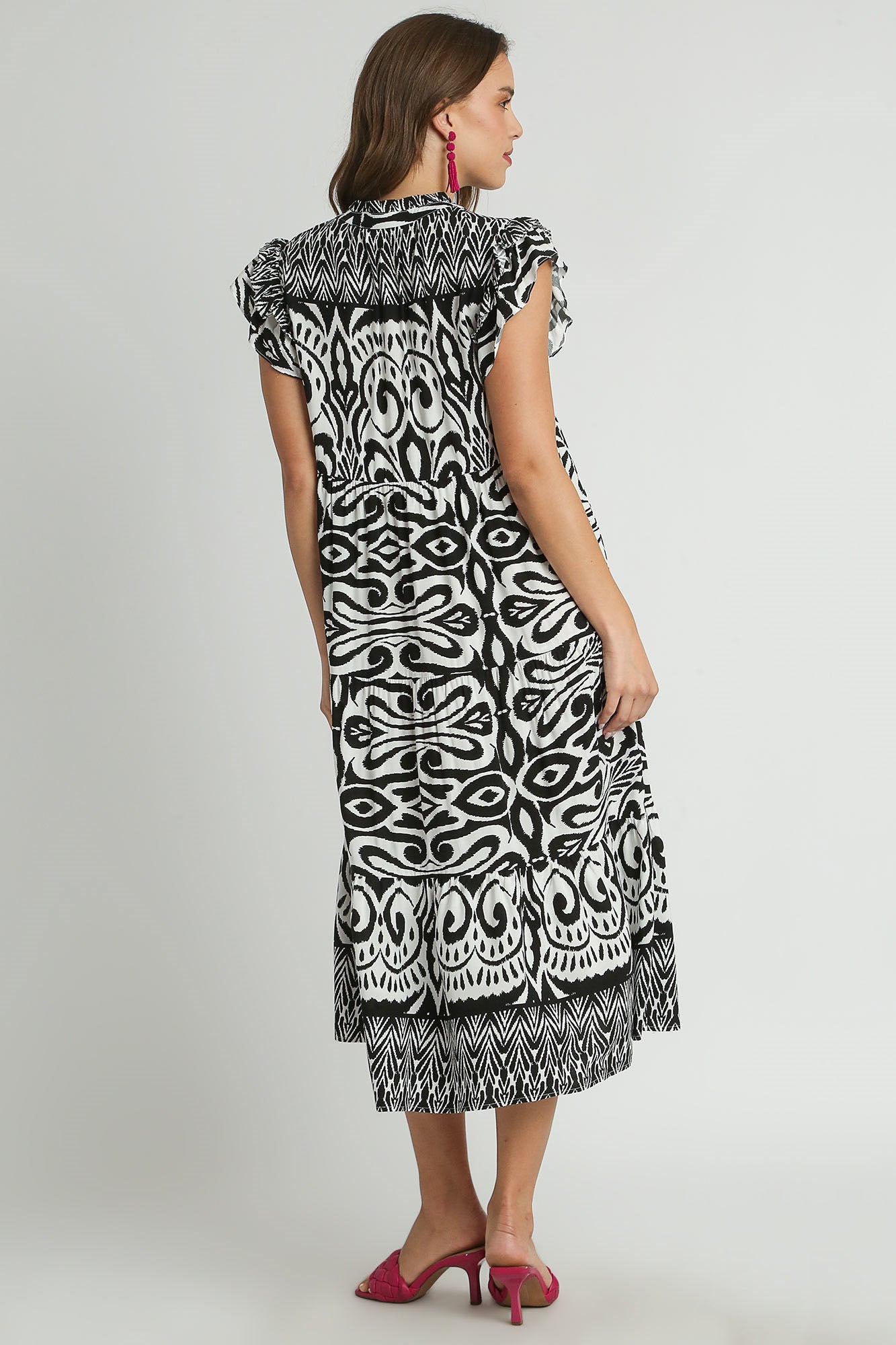 Umgee Full Size Two Tone Border Print Ruffle Cap Sleeve Midi Dress Plus Size OutfitFlow