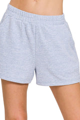 Zenana Soft Melange Hacci Elastic Waist Band Shorts LT BLUE OutfitFlow