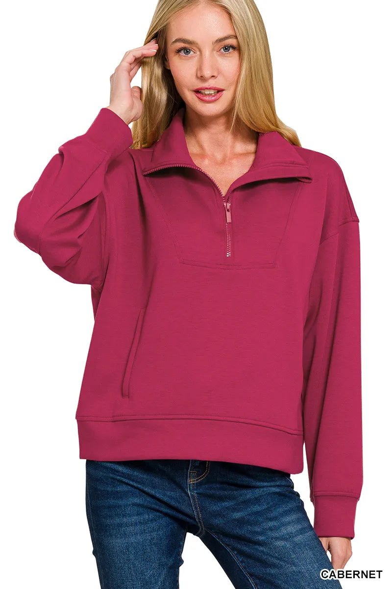 Zenana Scuba Half Zip Sweatshirt with Pockets CABERNET Trendsi