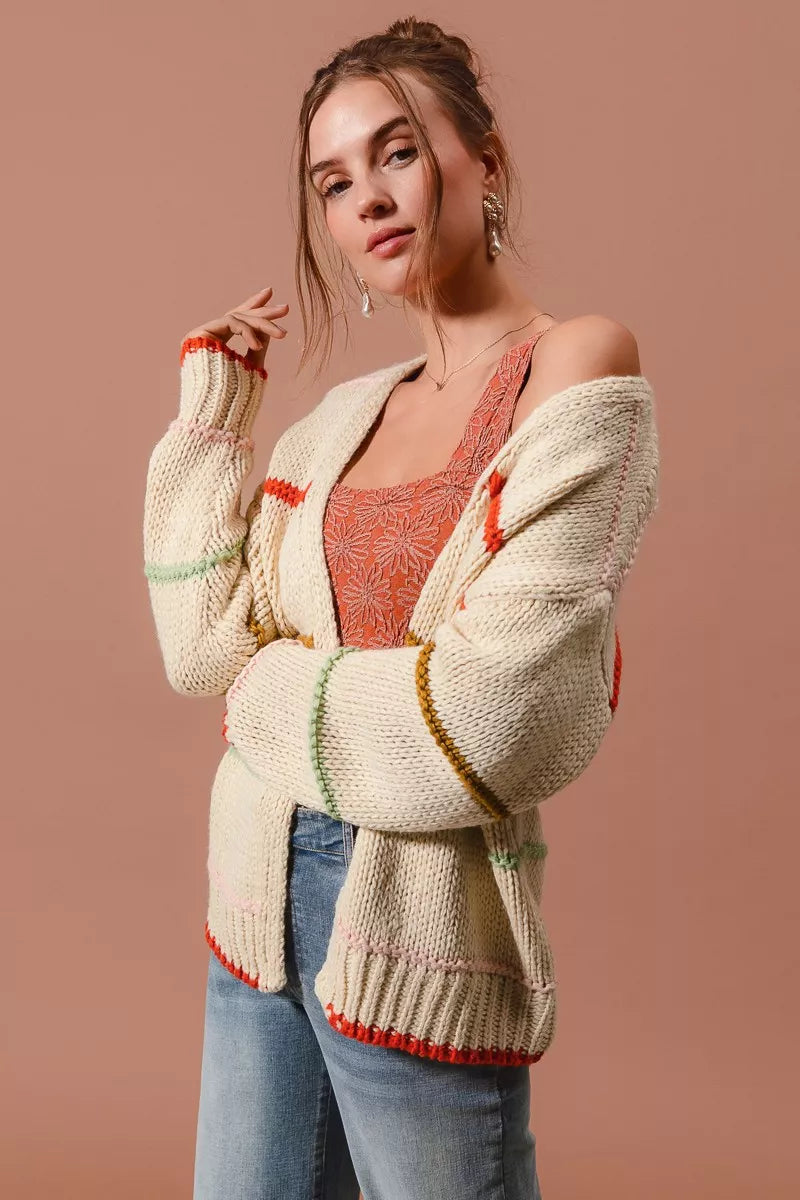 SO ME Loose Fit Multi Stripe Open Front Cardigan Trendsi