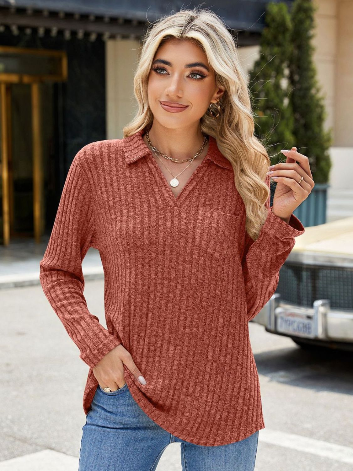 Outfit Flow - Ribbed Johnny Collar Long Sleeve T-Shirt