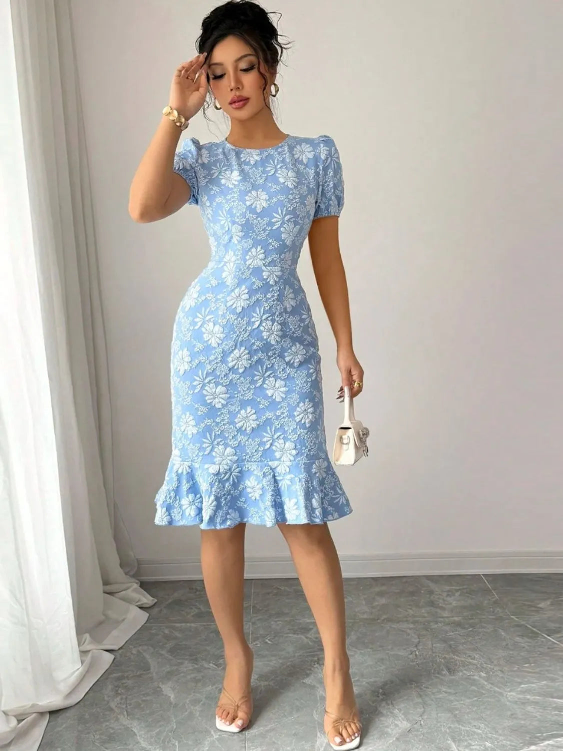Ruffled Hem Flower Round Neck Short Sleeve Dress OutfitFlow