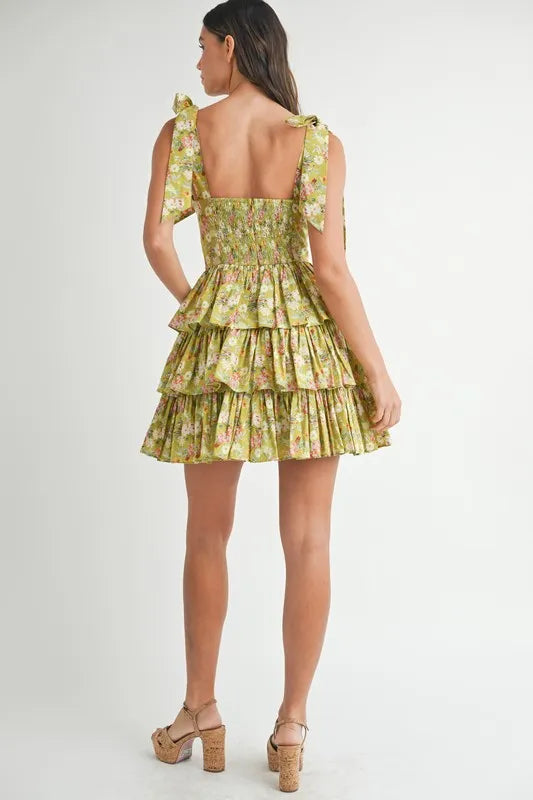 MABLE Floral Print Shoulder Tie Layered Mini Dress OutfitFlow