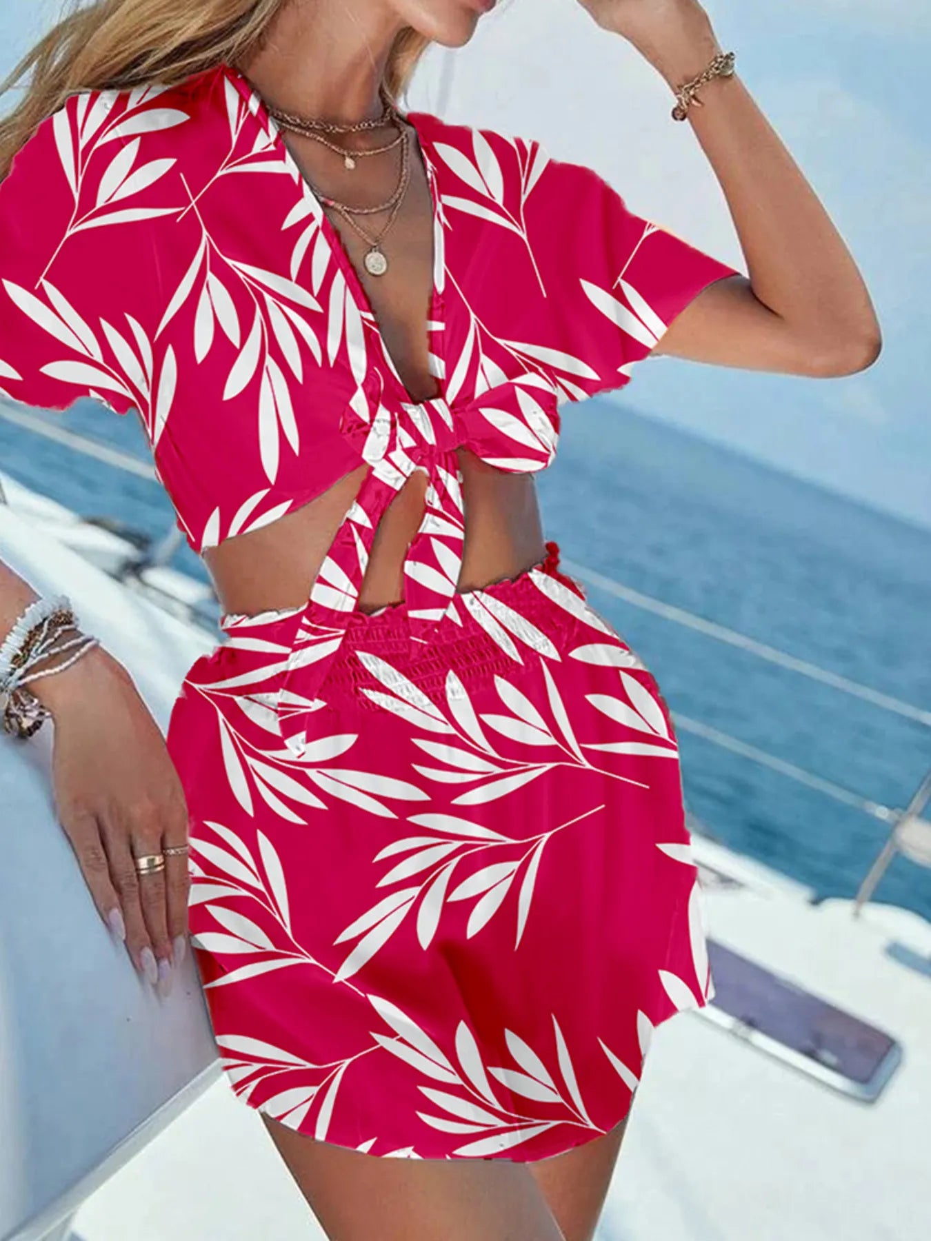 Printed Tie Front Top and Shorts Set OutfitFlow