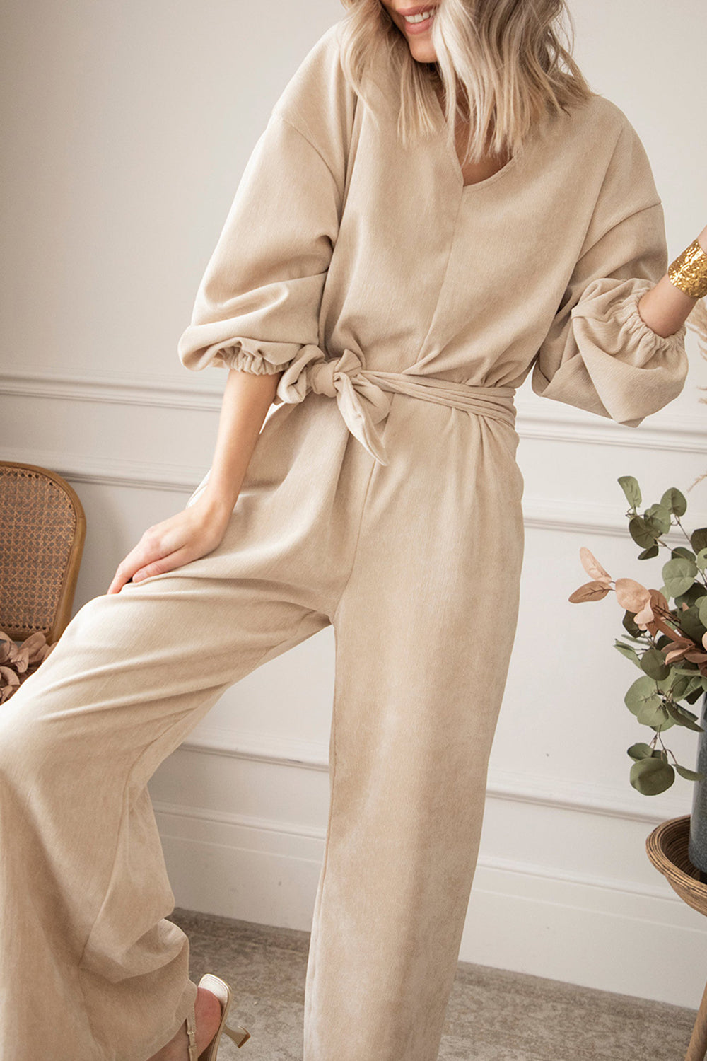 Outfit Flow - V-Neck Tie Waist Wide Leg Jumpsuit