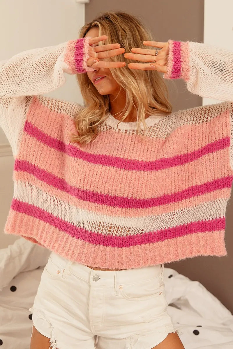 BiBi Hollow Out Yoke Detail Striped Sweater OutfitFlow