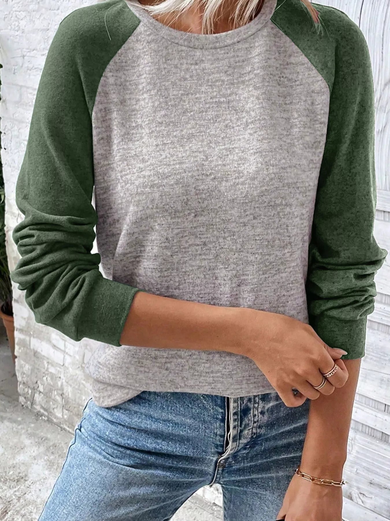 Color Block Raglan Long Sleeve T Shirt Moss OutfitFlow