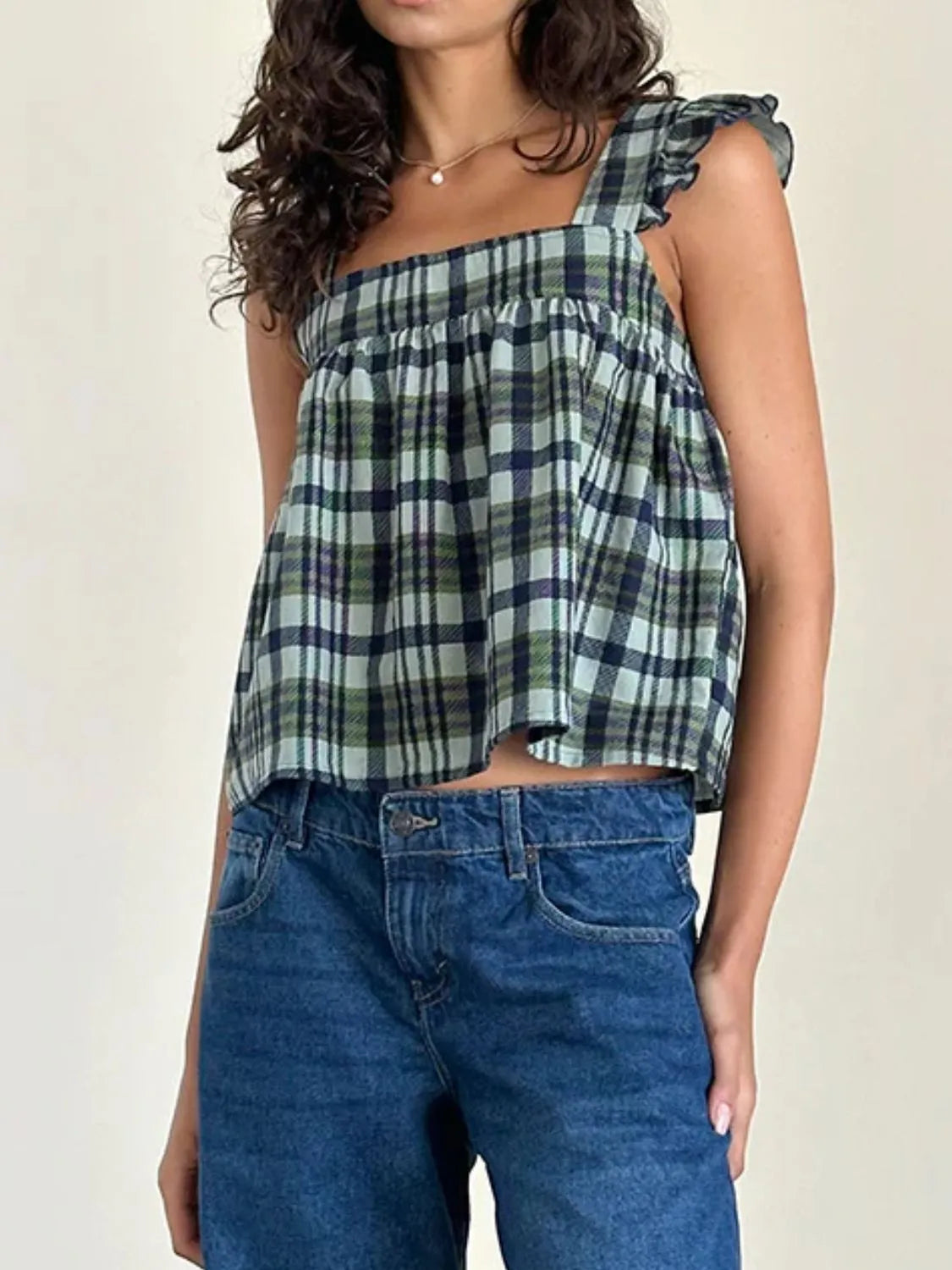 Ruffled Plaid Square Neck Tank OutfitFlow