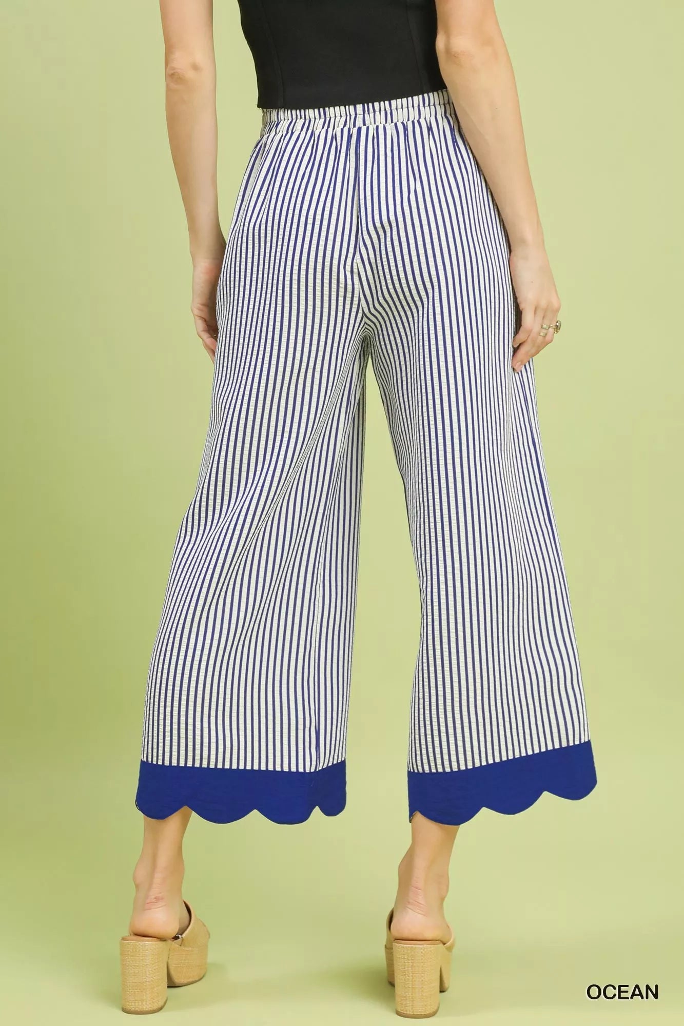 Umgee Stripe Scallop Hem Wide Leg Pants Trendsi