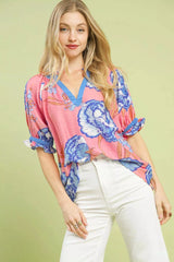 Umgee Floral V-Neck Puff Sleeve Blouse PINK OutfitFlow