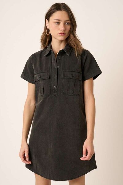 Mittoshop Button Detail Collared Neck Short Sleeve Shirt Dress OutfitFlow