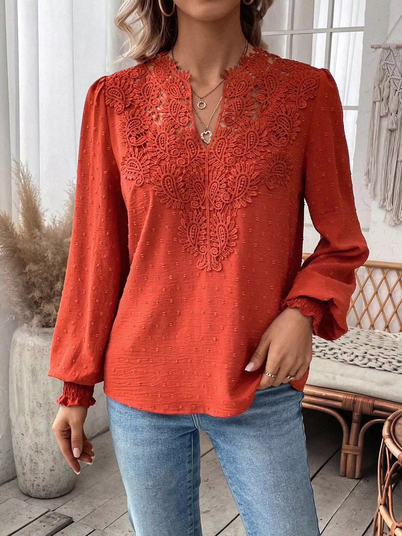 Swiss Dot Lace Detail Long Sleeve Blouse OutfitFlow