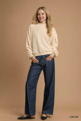 Umgee Velour Crewneck Balloon Sleeve Sweatshirt OutfitFlow
