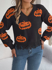 Halloween Pumpkin Pattern Raw Hem V-Neck Sweater OutfitFlow