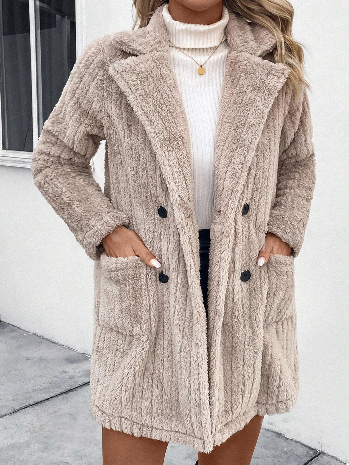 Outfit Flow - Fuzzy Button Up Long Sleeve Coat with Pockets