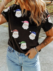 Christmas Santa Sequin Short Sleeve T Shirt Black OutfitFlow