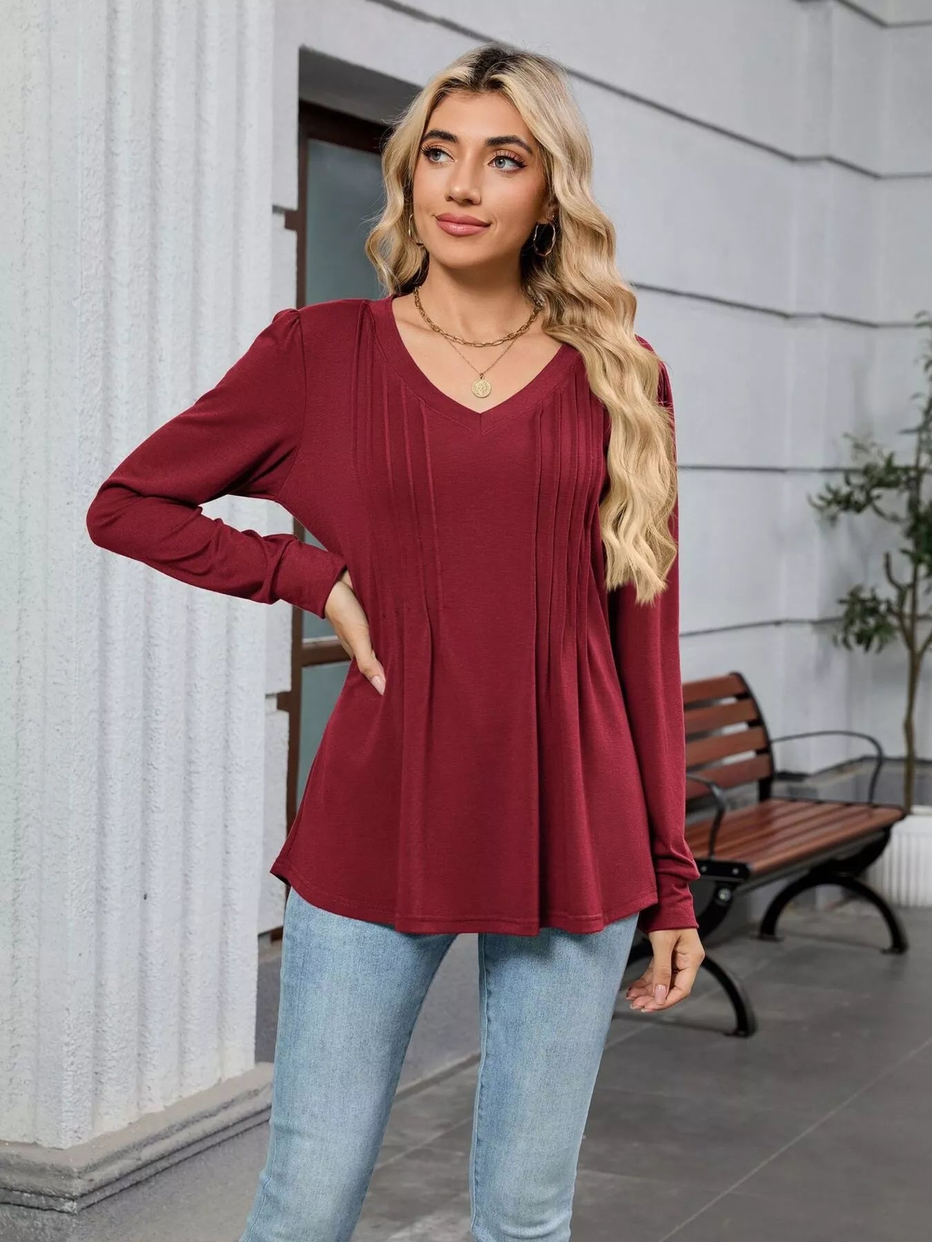 V-Neck Long Sleeve Relaxed Fit T-Shirt OutfitFlow