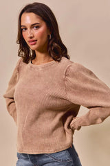 SO ME Mineral Washed Waffle Top With Puff Sleeves OutfitFlow