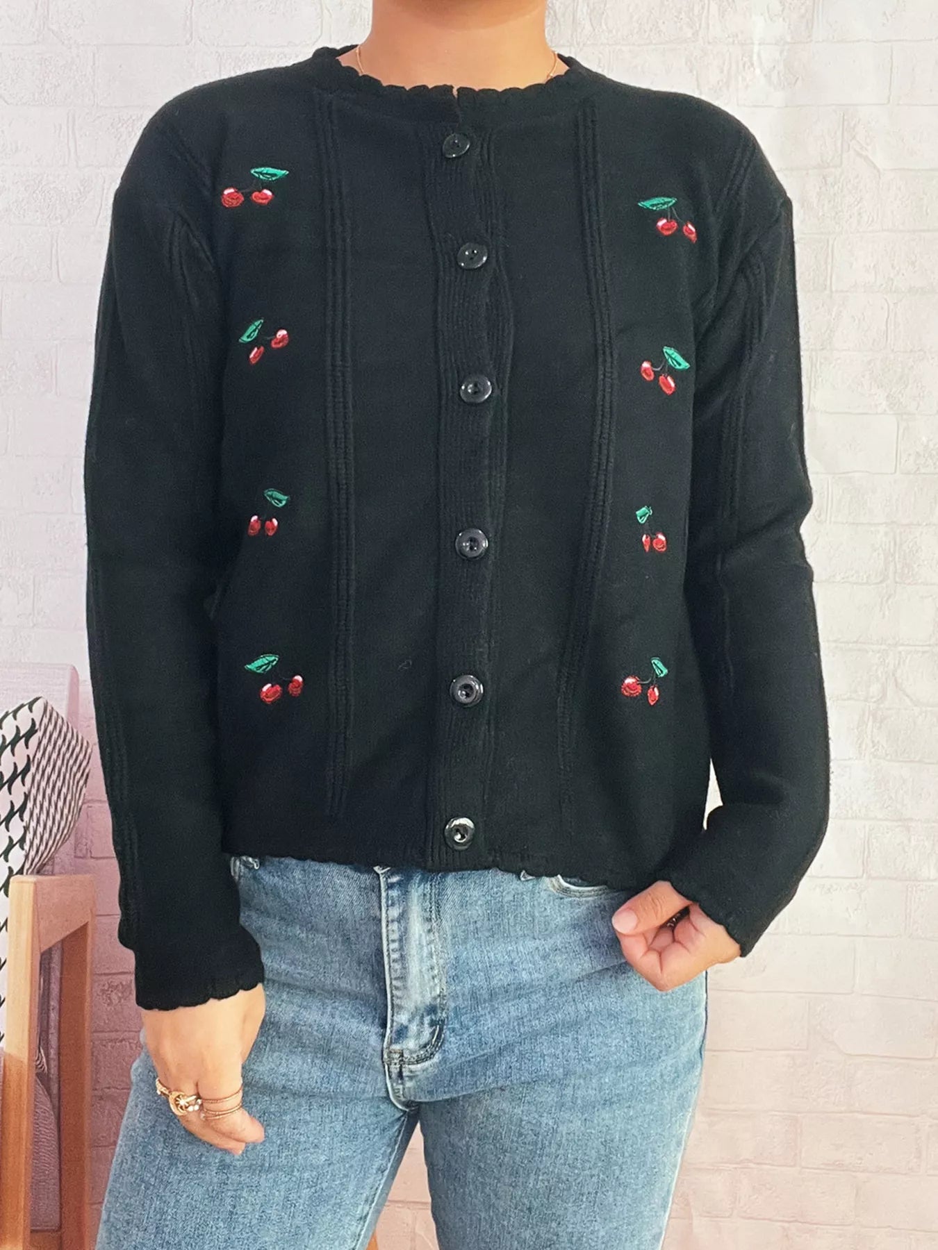 Cherry Embroidered Button Up Cardigan OutfitFlow