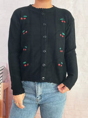 Cherry Embroidered Button Up Cardigan OutfitFlow