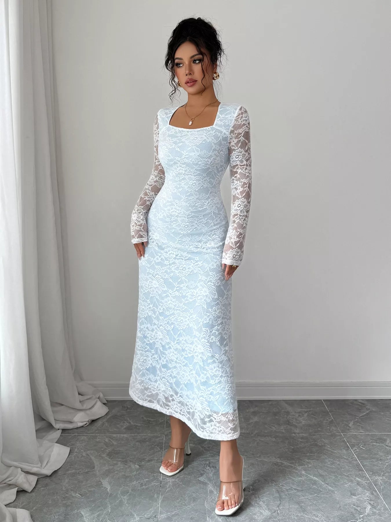 Lace Long Sleeve Square Neck Maxi Dress Trendsi