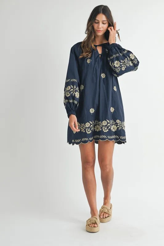 MABLE Embroidered Long Sleeve Peasant Mini Dress OutfitFlow