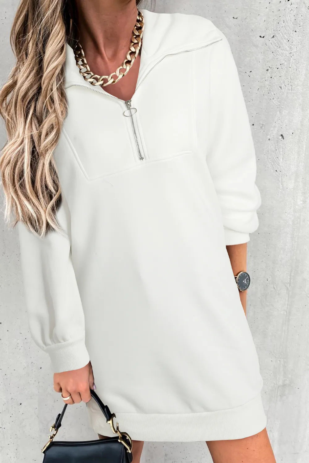 Half Zip Dropped Shoulder Mini Sweatshirt Dress White OutfitFlow