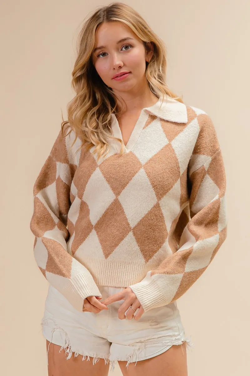 BiBi Diamond Pattern Collared Notch Neck Sweater OutfitFlow