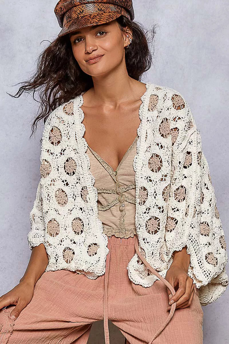 POL Openwork V-Neck Chenille Cardigan with Contrast Floral OutfitFlow
