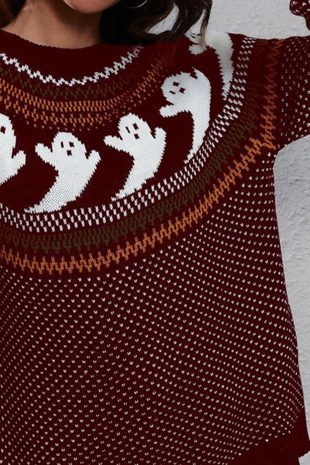 Ghost Pattern Round Neck Long Sleeve Sweater OutfitFlow