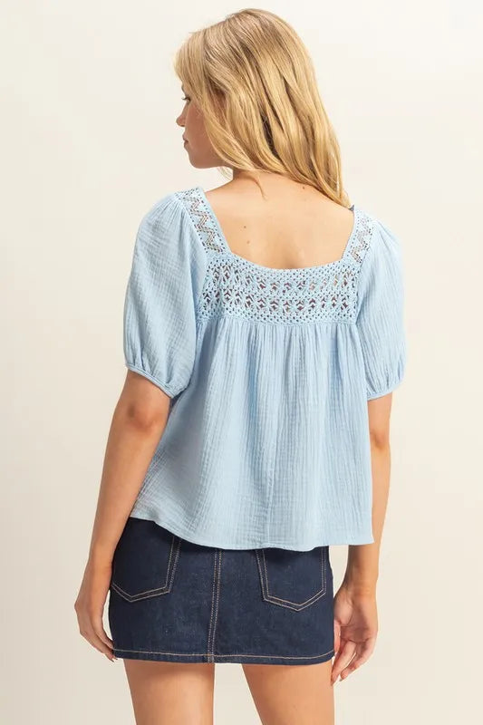 HYFVE Crochet Detail Puff Sleeve Peasant Top OutfitFlow