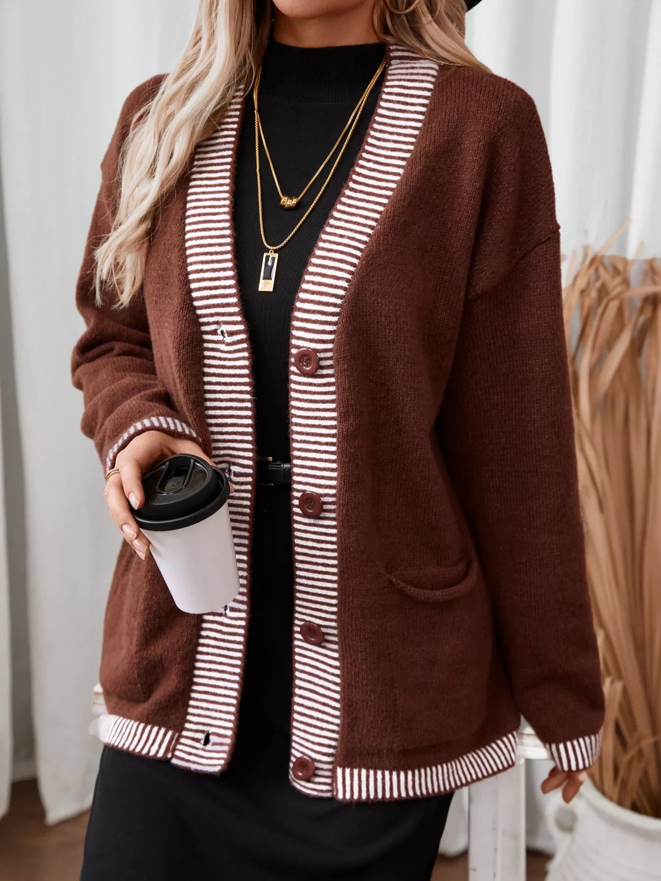 Striped Trim Button Front Pocket Knit Cardigan Trendsi