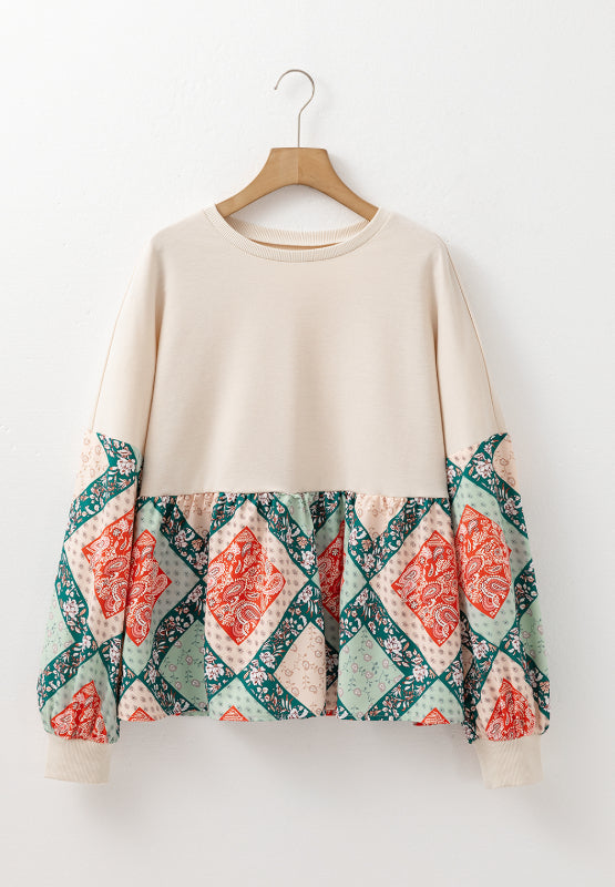 Printed Round Neck Long Sleeve Blouse OutfitFlow