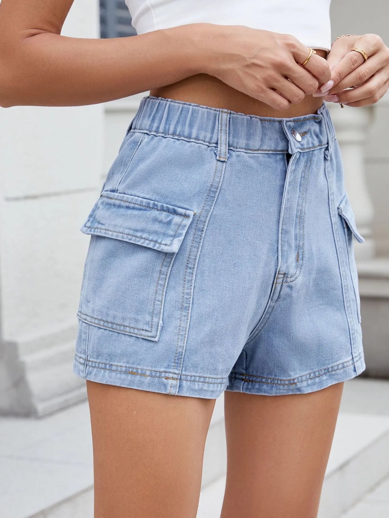 High Waist Cargo Denim Shorts OutfitFlow