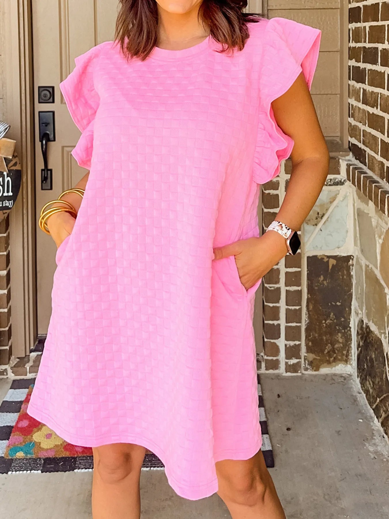 Textured Ruffle Sleeve Casual Summer Dress OutfitFlow