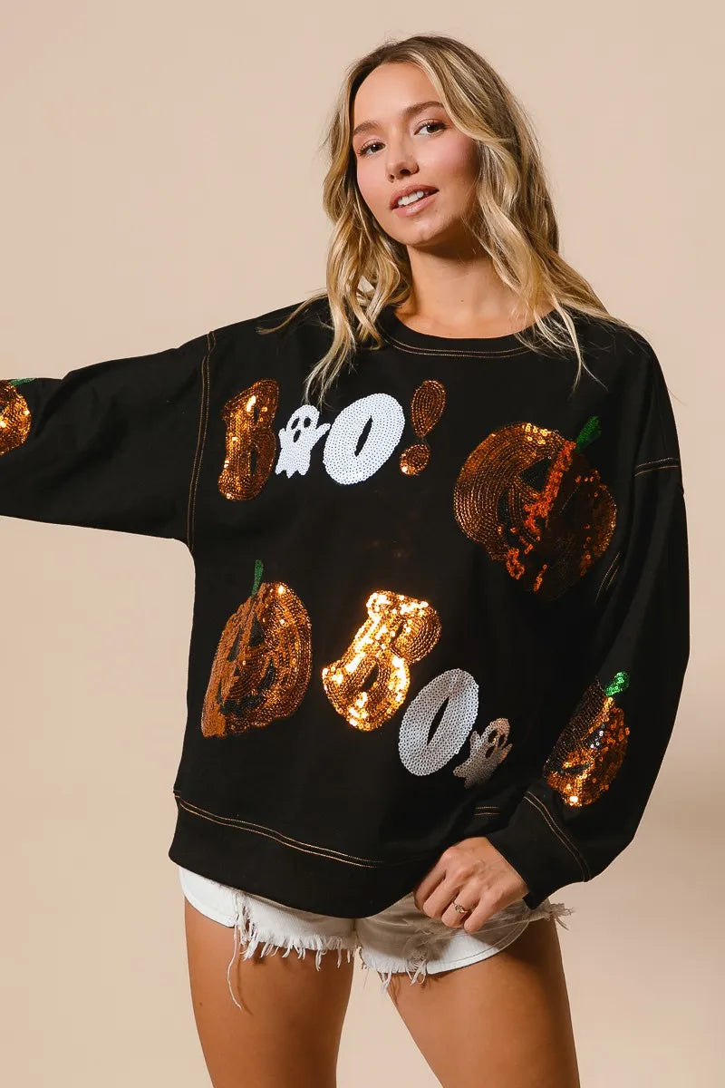 BiBi Halloween Theme Sequin Embroideries Sweatshirt Trendsi