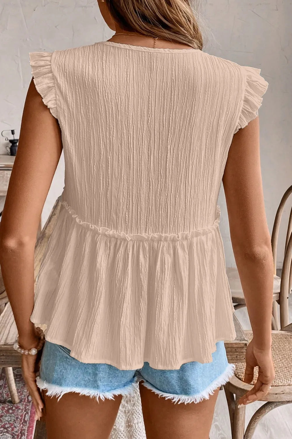 Ruffled Trim V Neck Flutter Flowy Top OutfitFlow