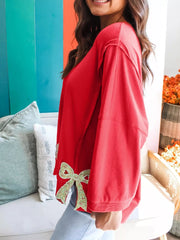 Floral Bow Patched Exposed Seam Patchwork Slit Baggy Sweatshirt OutfitFlow