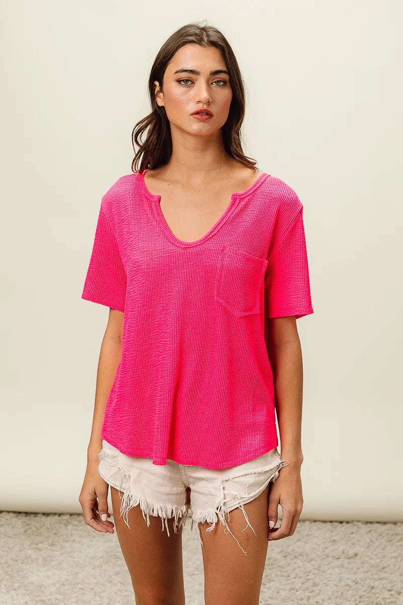 BiBi Waved Rib U Neck Top With Front Pocket OutfitFlow