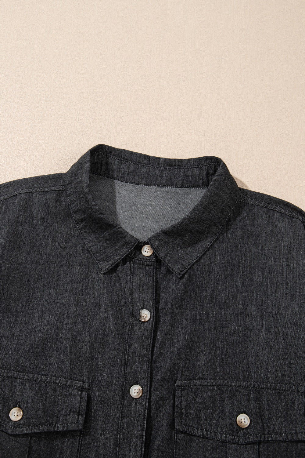 Pocketed Collared Neck Long Sleeve Denim Top OutfitFlow