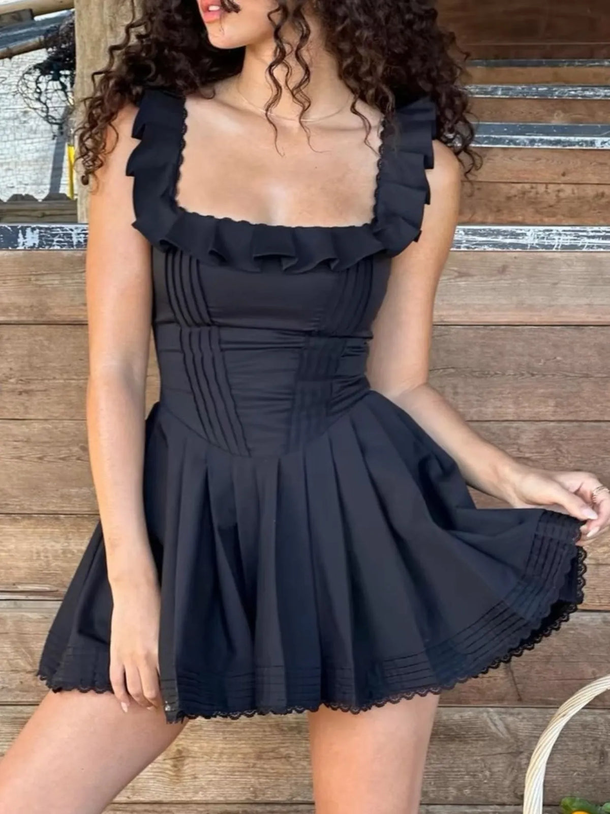 Square Neck Pleated Mini Dress Black OutfitFlow
