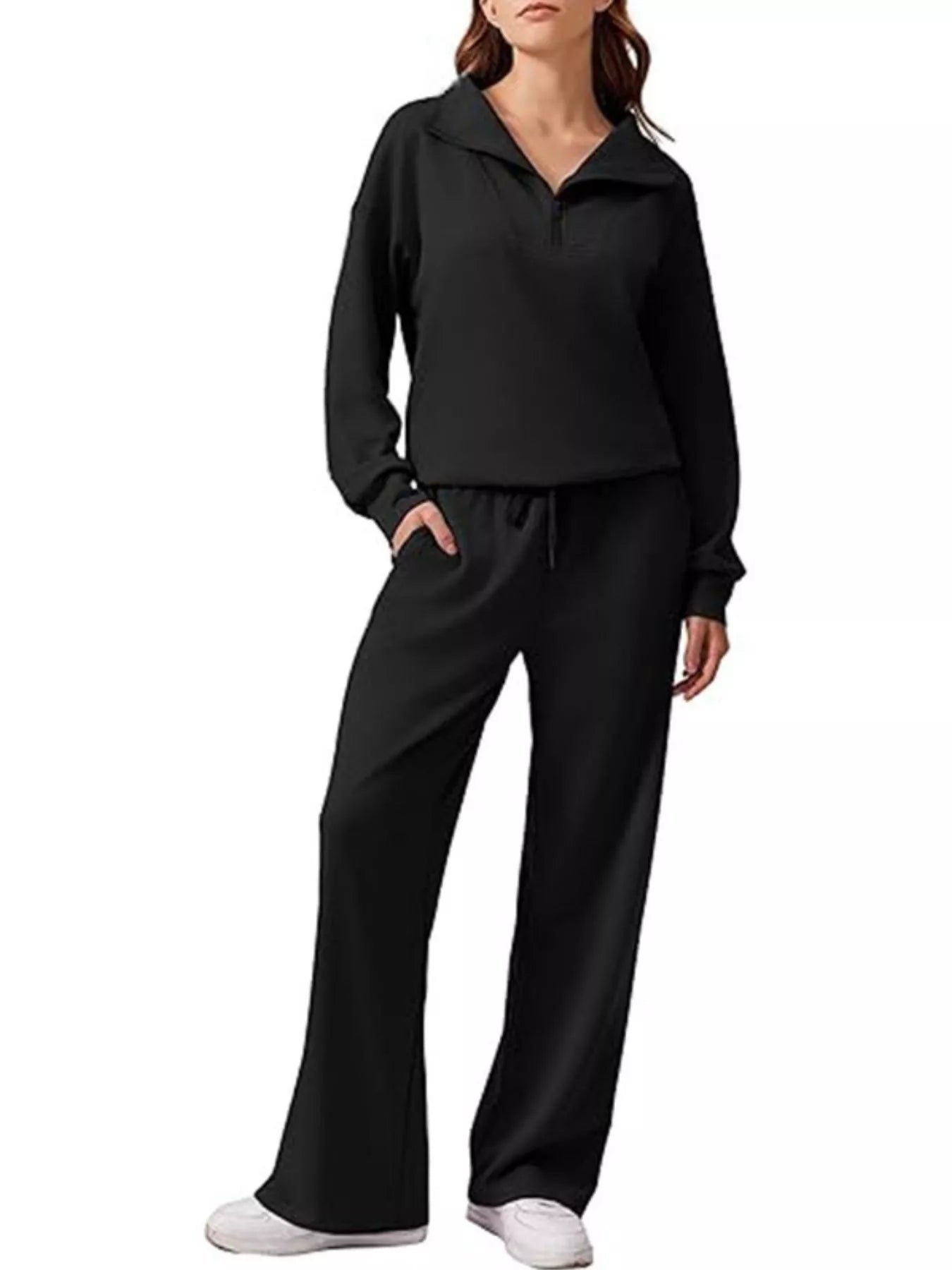 Zip Collar Dropped Shoulder Top and Pants Set Black OutfitFlow