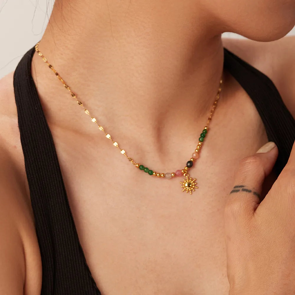 Bohemian Sun Charm Beaded Stainless Steel Necklace OutfitFlow